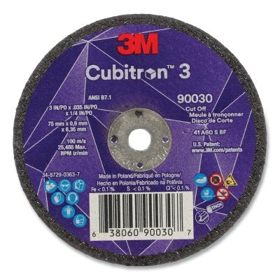 3M 638060-90030 Cubitron 3 Cut-Off Wheel, 3 in dia x 0.035 in Thick x 1/4 in Arbor, 60+ Grit, T1