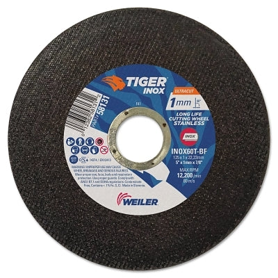 Tiger INOX Ultracut Thin Cutting Wheel, 5", 7/8" Arbor, 60, 12200 rpm, 50/PK
