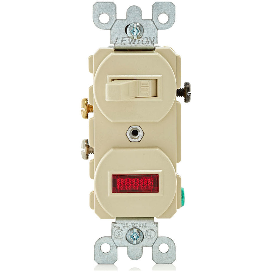 Thermoplastic Non Grounding Duplex Style Combination 120V Neon Pilot Light and 15A 120/277V AC Switch, Ivory