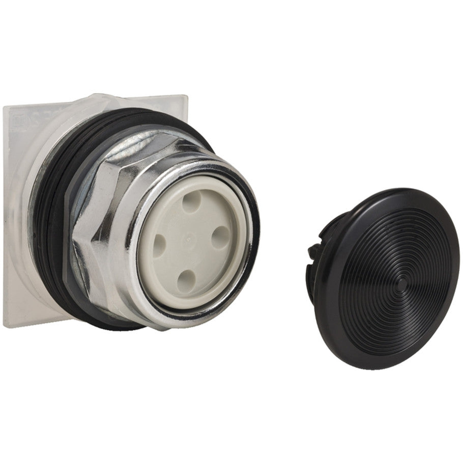 Non-Illuminated 30mm Pushbutton Operator, Momentary, No Contacts, 1-3/8 in. Diameter Snap-In Plastic Mushroom Button, Black