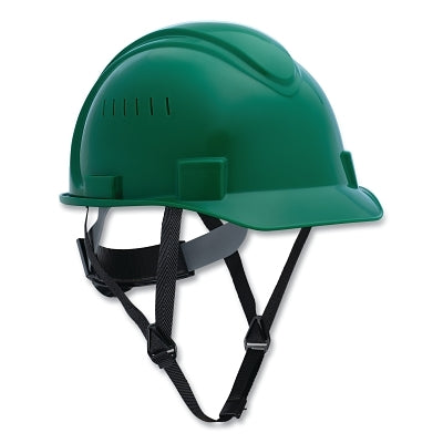Short Brim Hard Hat, 4-point Ratchet Suspension, Vented, Green