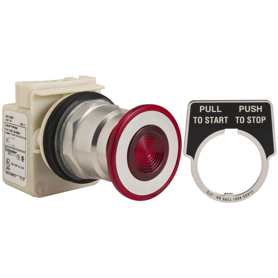 Illuminated push button, Harmony 9001K, mushroom 41mm, red, 30mm, 3 positions, return to center, 110...120V, 1NC late   1NC