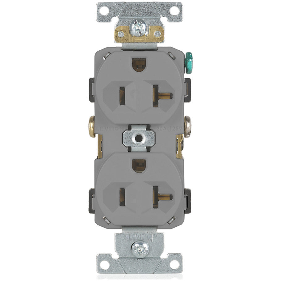 Straight Blade Duplex Receptacle, Narrow Body, 20A, 125V, 2P3W, NEMA 5-20R, Self-Grounding, Back and Side Wired, Gray