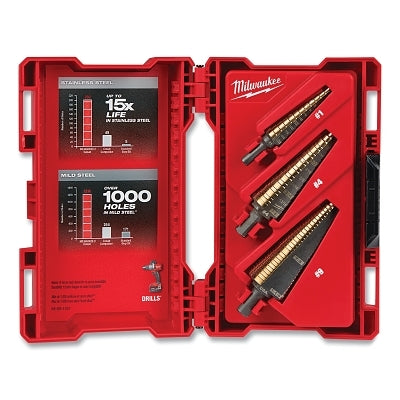 Cobalt Step Drill Bit Set, 3-Pc, 1/8 in to 7/8 in Cut dia, Includes #1/#4/#9 Bits