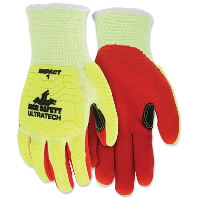 UT1956 UltraTech A5/Impact Level 1 Mechanics Knit Glove, Hi-Vis Lime/Red