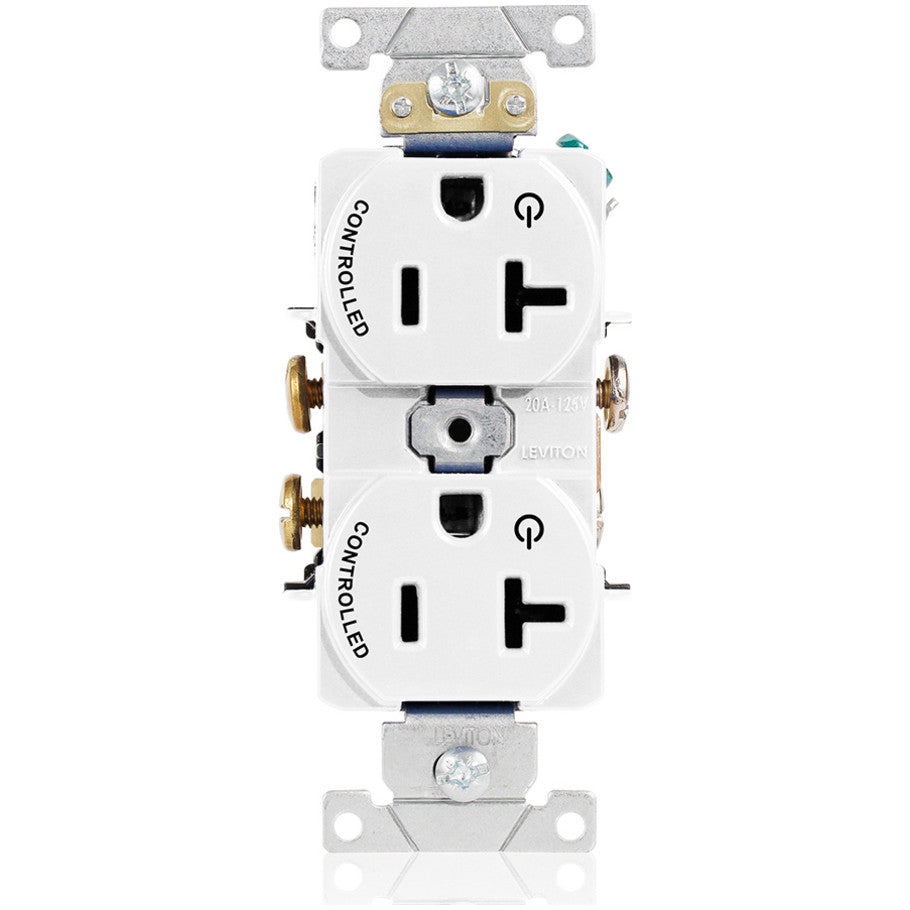 Straight Blade Duplex Receptacle, 2 Plug Controlled Markings, 20A, 125V, 2P3W, NEMA 5-20R, Contractor Pack, White