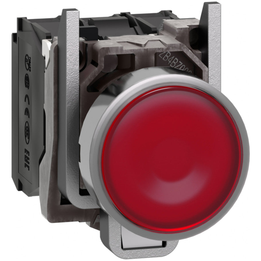 Illuminated push button, Harmony XB4, metal, red flush, 22mm, universal LED, plain lens