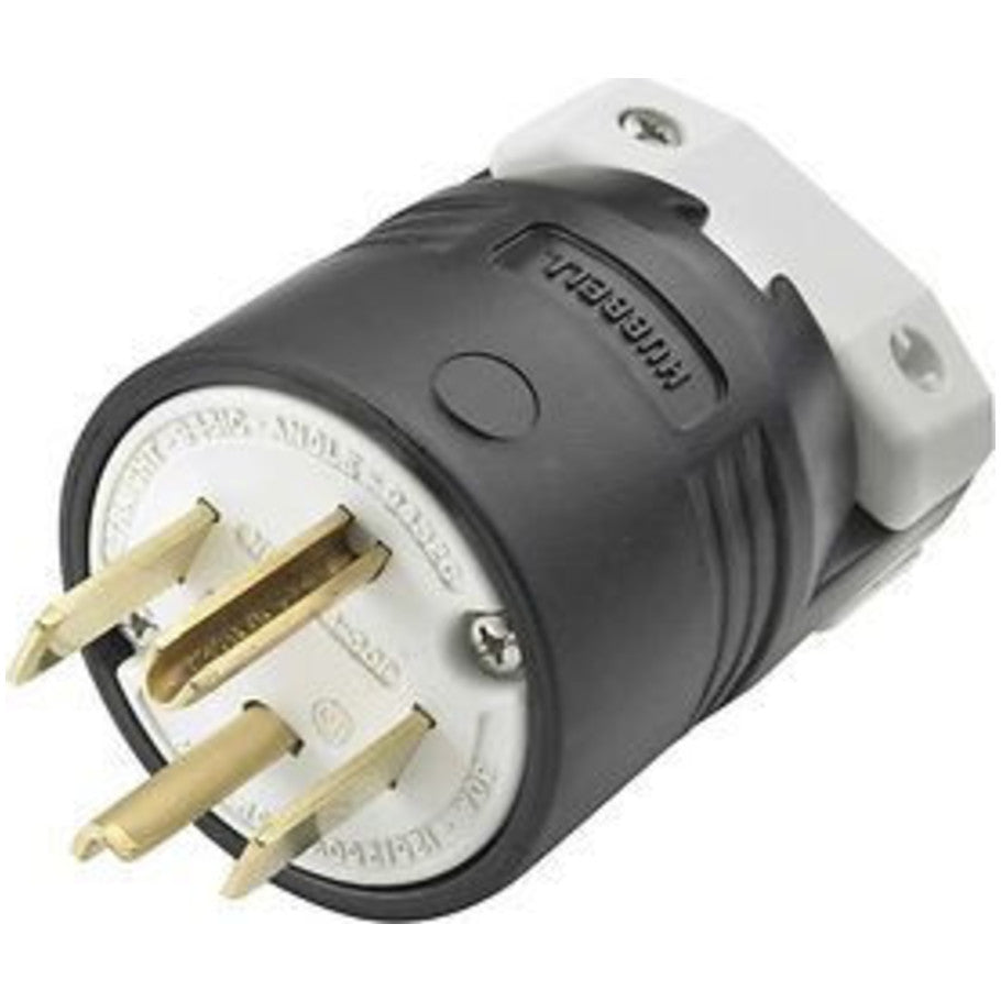 Straight Blade Plug, 30A, 125/250V, 3P4W, NEMA 14-30P, Cord Dia. 0.625 to 1.310 in., Gripping Ribs, Black/White