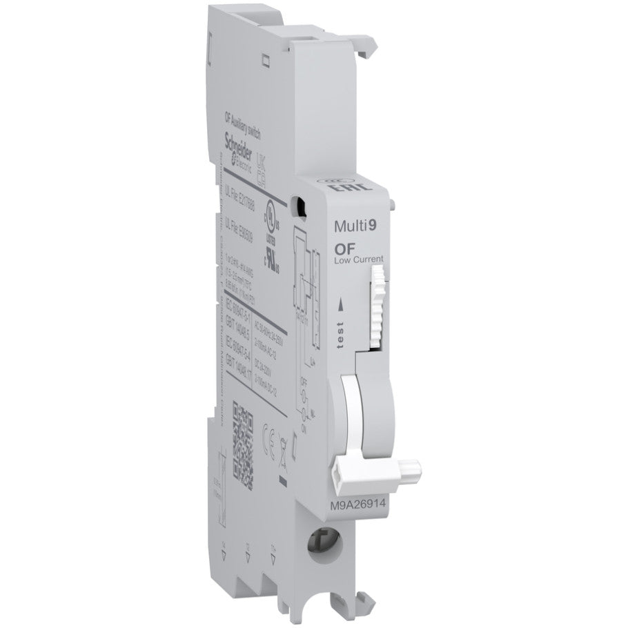 Auxiliary contact, Multi9 M9A, OF, 1 C/O, 2mA to 100mA, 24VAC to 250VAC, 24VDC to 220VDC, bottom connection