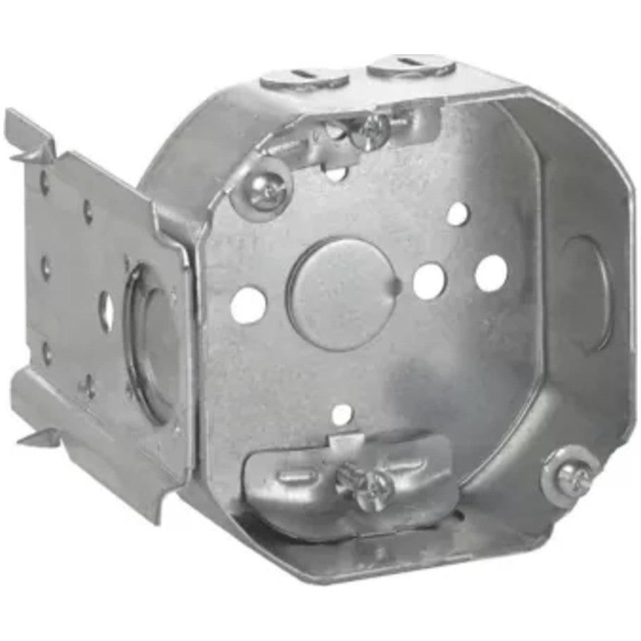 Octagon 4in. Dia. Outlet Box, Fixture Rated, (4) Cable Clamps, 1-1/2 in. D, (2) 1/2in. Side KO, (1) 1/2in. Bottom KO, C Bracket