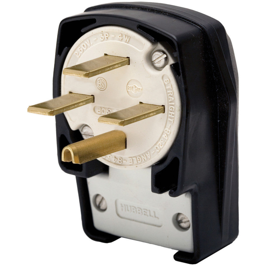 Straight Blade Plug, Angled, 4-Position, 30A, 3-Phase 250V, 3P4W, NEMA 15-30P, Cord Dia. 0.625 to 1.310 in., Black/White