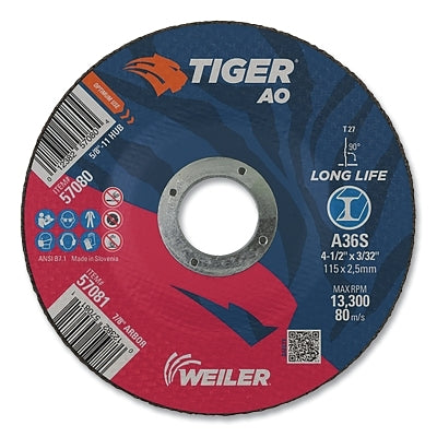 Tiger AO Cutting Wheel, 4-1/2 in dia x 3/32 in Thick, 7/8 in Arbor, A36S, Type 27