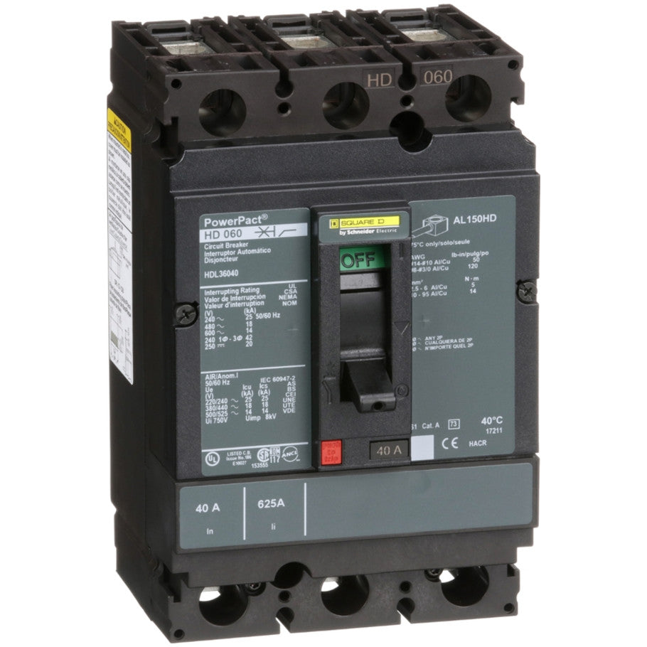 PowerPact Molded Case Circuit Breaker, H-Frame, Unit Mount, 14 kA, 600V, 3-Pole, 40A