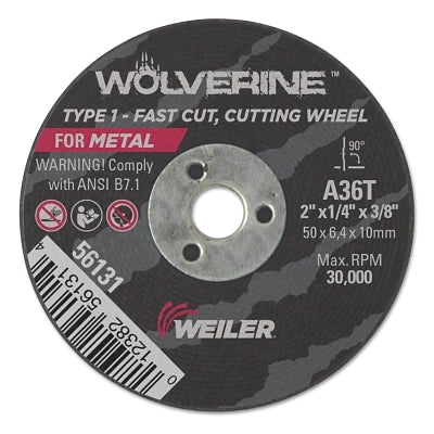 Wolverine Snagging Wheel, A36T, 2 in dia, 1/4 in Thick, 3/8 in AH, 36 Grit, Type 1
