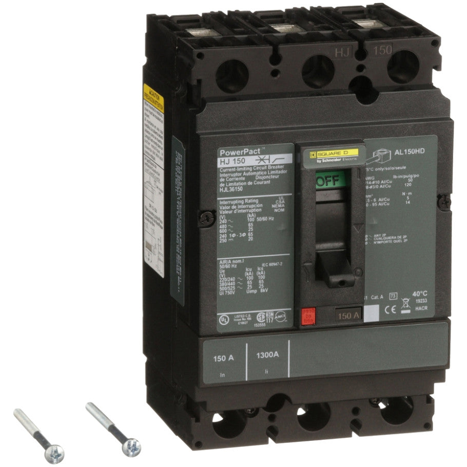 PowerPact Molded Case Circuit Breaker, H-Frame, Thermal Magnetic, Unit Mount, 25kA, 600 Vac/250 Vdc, 3-Pole, 150A