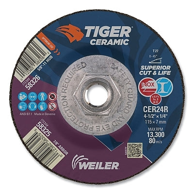 Tiger Grinding Wheel, 4-1/2 in dia x 1/4 in Thick x 5/8 in-11 Arbor, 24 Grit, Ceramic Alumina, Type 27, 10 EA/BX