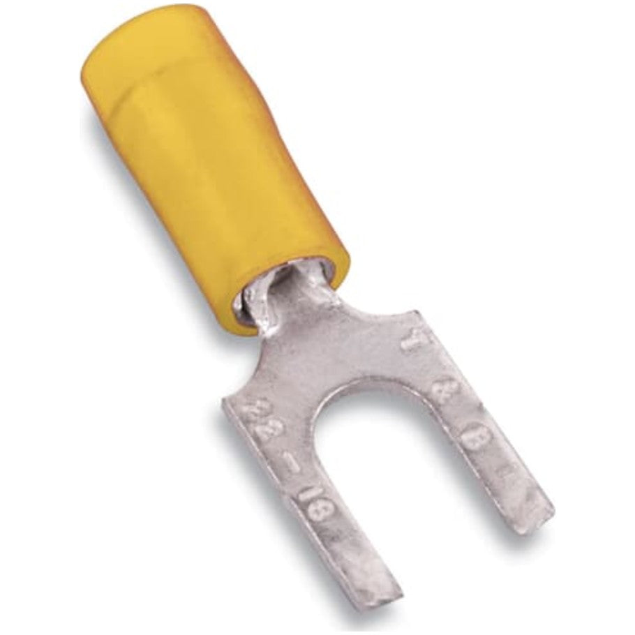 Nylon Insulated Fork Terminal with Flanged Tongue, Length 1.00 Inches, Wire Range  12- 10 AWG, Color Yellow, Copper, Tin Plated