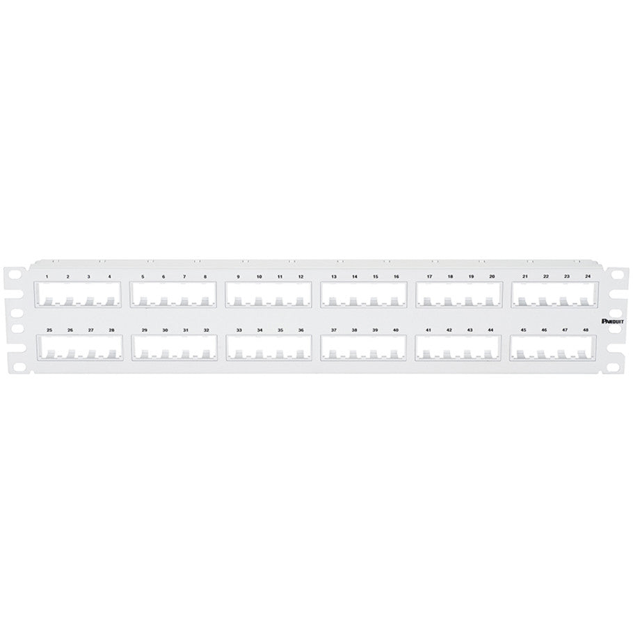 PanNet Patch Panel, Cold Rolled Steel, 48-Port, 2 RU, Flat, Flush Mount, Unshielded, White, 3.47 H x 19 W x 1.04 D in.