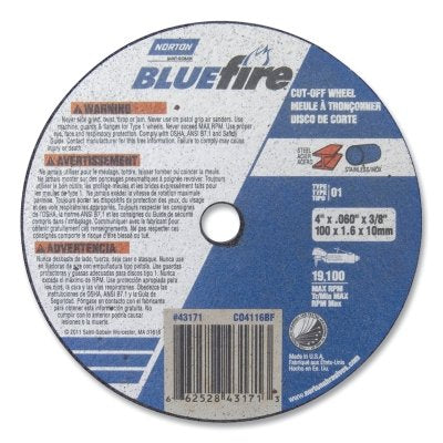 Type 01 BlueFire RightCut Cut-Off Wheel, 4 in dia, 3/8 in arbor, 1/16 in Thick, 24 Grit, Zirconia Alumina