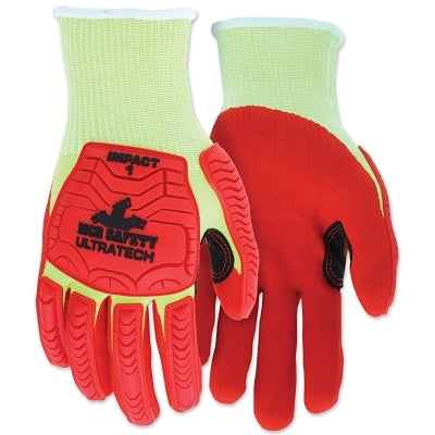 UT1953 UltraTech A4/Impact Level 1 Mechanics Knit Glove, Hi-Viz Lime; Red