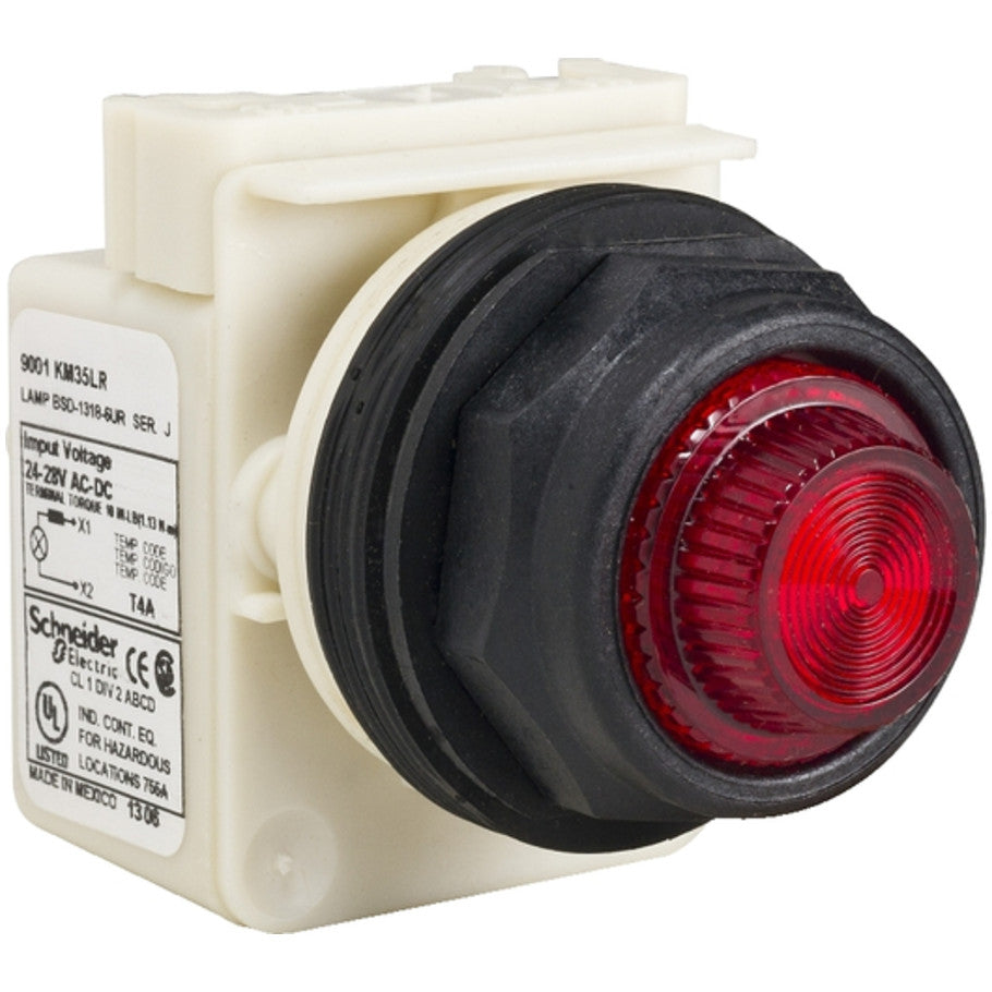 30mm 9001 Type SK HD Pilot Light, 24-28 Vac/Vdc, LED, Red, Plastic Fresnel Cap