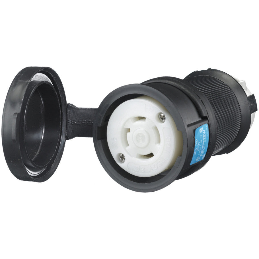 Locking Connector, Thermoplastic, Twist-Lock Series, Industrial, 30 A, 250 VAC, 3-Port, 4-Wire, NEMA Type L15-30R, Black/White