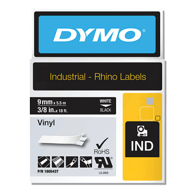 Industrial Rhino Vinyl Label Cartridge, 3/8 in W x 18 ft L, White Print on Black Background