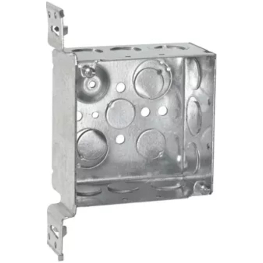 4 Square Box, Steel, Welded, 2-1/8 in.D, (6) 1/2   (3) 1/2 3/4 in. E Side KO, (2) 1/2   (2) 1/2 3/4 in. E Bottom KO, VMS Bracket