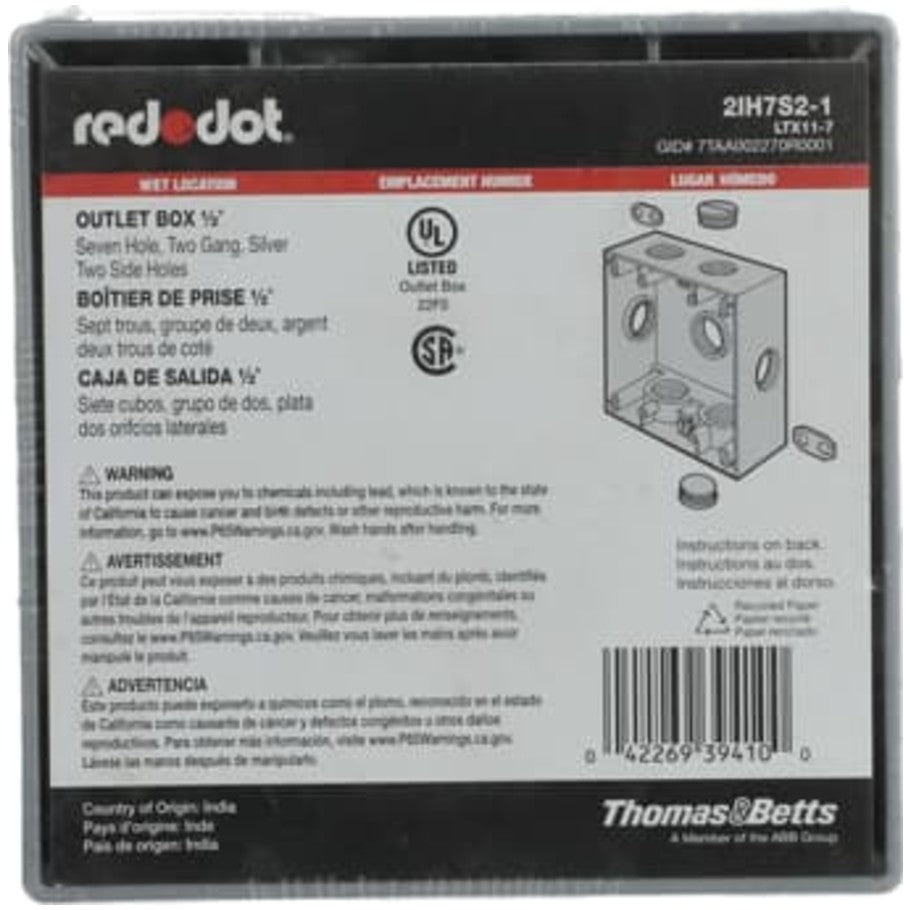 Red-Dot Weatherproof Box, Aluminum Die Cast, (9) 1/2 in. Standard/Side Threaded Hubs, 2-Gang, 2-1/16 in. Deep