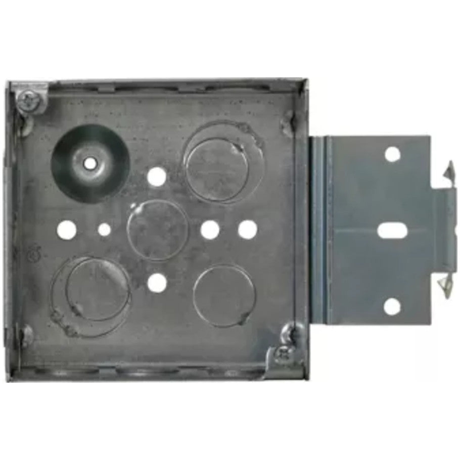 4 Square Box, Steel, Welded, 2-1/8 in.D, (8) 1/2   (4) 1/2 3/4 in. E Side KO, (2) 1/2   (2) 1/2 3/4 in. E Bottom KO, MSB Bracket
