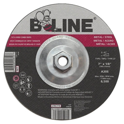 Depressed Center Combo Wheel, 7 in dia, 1/8 in Thick, 7/8 in Arbor, 30 Grit, Aluminum Oxide