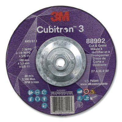 3M 638060-88992 Cubitron 3 Cut and Grind Wheel, 7 in dia x 1/8 in Thick x 5/8 in-11 Arbor, 36+ Grit, T27