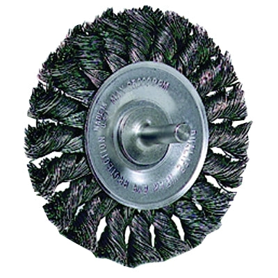 Standard Twist Knot Wire Wheel, 4 in dia x 1/2 in W Face, 0.014 in Steel Wire, 20000 RPM, 1/4 in Stem