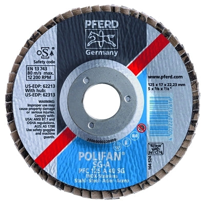 POLIFAN Type 29 SG Flap Disc, 5 in dia, 40 Grit, 7/8 in Arbor dia, 12200 RPM, Aluminum Oxide A