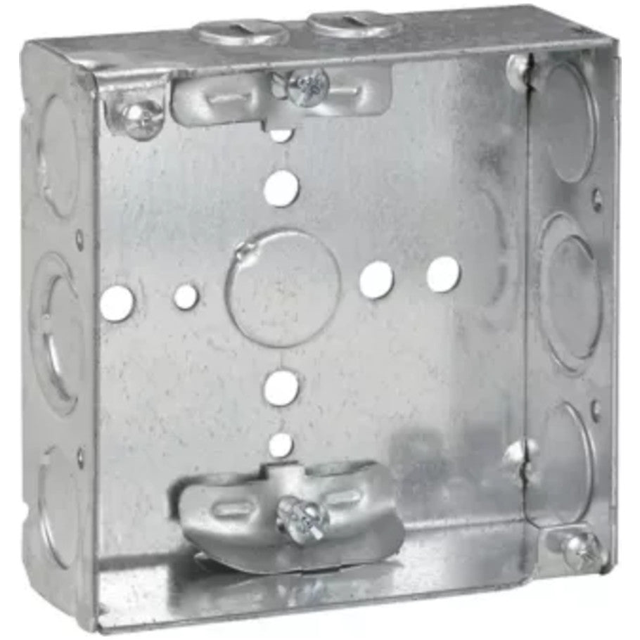 4 Square Box, Steel, 1-1/2 in., Drawn, Welded, 50 per Package, (2) 1/2   3/4 in. Knockouts, (4) 1/2 in. Knockouts