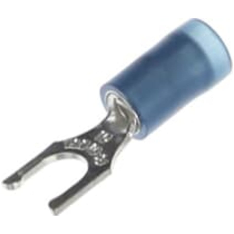 Nylon Insulated Locking Fork Terminal, Length .87 Inches, Width .29 Inches, Wire Range  18- 14 AWG, Color Blue