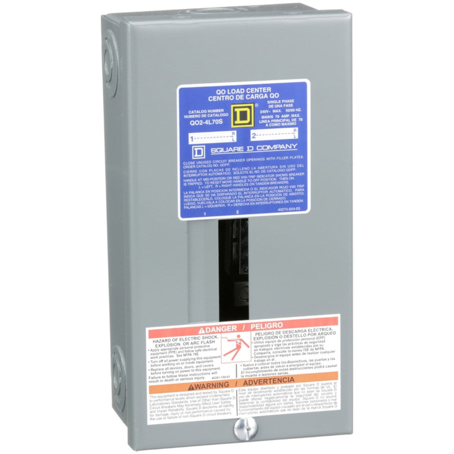 Load center, QO, 1 phase, 2 spaces, 4 circuits, 70A fixed main lugs, NEMA1, surface cover