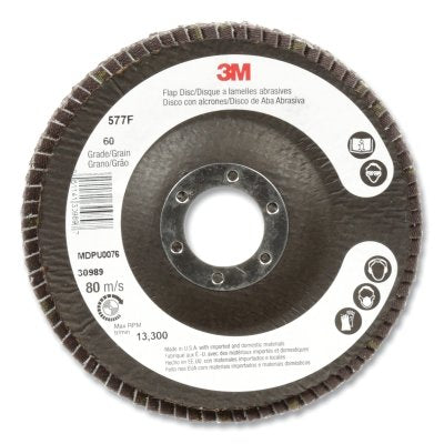 3M 051141-30957 Flap Disc 577F, 4-1/2 in dia, 60 grit, 7/8 in arbor, 13300 RPM