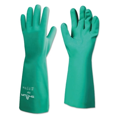 Chemical-Protection Nitrile Gloves, 13 in Gauntlet Cuff, Unlined/Unsupported, Size 9/Large, Green, 15 mil Thick