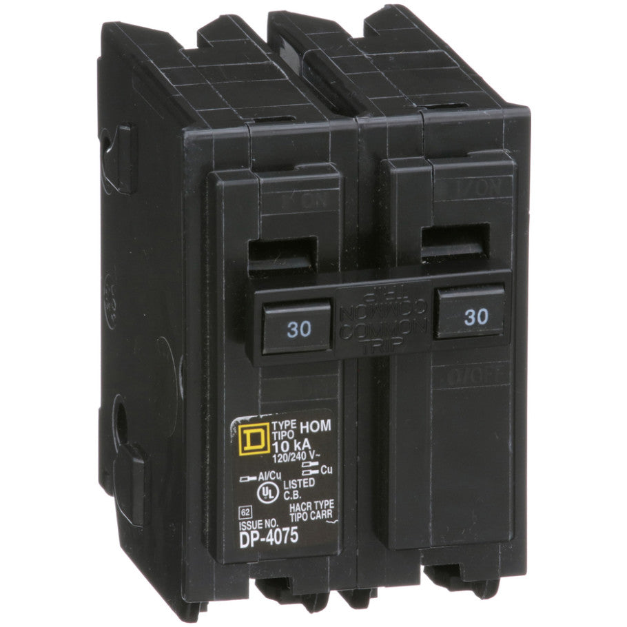 Homeline Circuit Breaker, Plug-In, 10kA, 120/240 Vac-Common Trip, 2-Pole, 30A