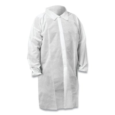 KGA10 Lab Coat, Medium, Spunbound Fabric, White, Snap Front, Collar, Elastic Wrist
