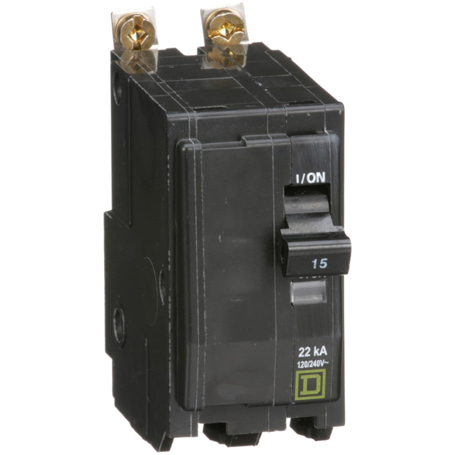 QOB Miniature Circuit Breaker, High Interrupting Capacity, Bolt On, 2 Pole, 15A, 120/240 Vac, 22kA