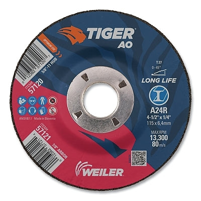 Tiger AO Grinding Wheel, 4-1/2 in dia x 1/4 in Thick, 7/8 in Arbor, A24R, Type 27