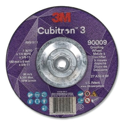3M 638060-90009 Cubitron 3 Depressed Center Grinding Wheel, 7 in dia x 1/4 in Thick x 5/8 in-11 Arbor, 36+ Grit, T27