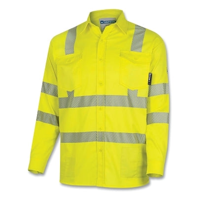 FR/Arc-Rated Safety Shirt, ZFI506, Long-Sleeve Collared w/Refl Stripes, Button-Up, 88 Cotton/12 HT Nylon, Lg, Hi-Vis YW/Sil