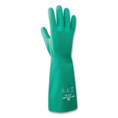 Chemical-Protection Nitrile Gloves, 13 in Gauntlet Cuff, Unlined/Unsupported, Size 10/X-Large, Green, 11 mil Thick