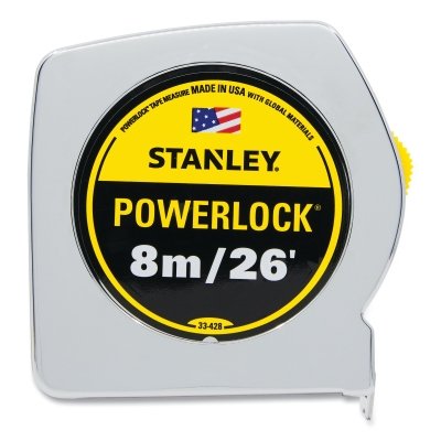 Powerlock Tape Rules Wide Blade, 26 ft L, 1 in W, SAE/Metric, Chrome/Yellow