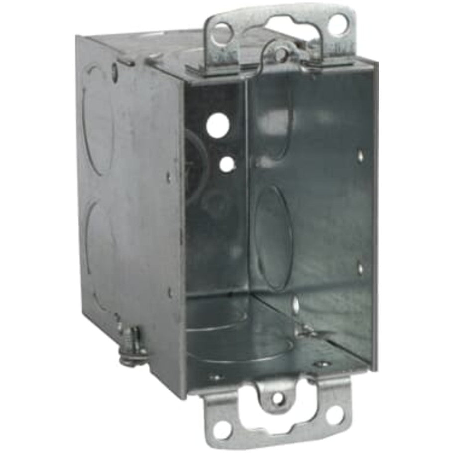 3x2 Switch Box, Gangable, Steel, 3-1/2 in. D, (8) 3/4 in. Side KO, (1) 1/2 in. Bottom KO, Mounting Ears