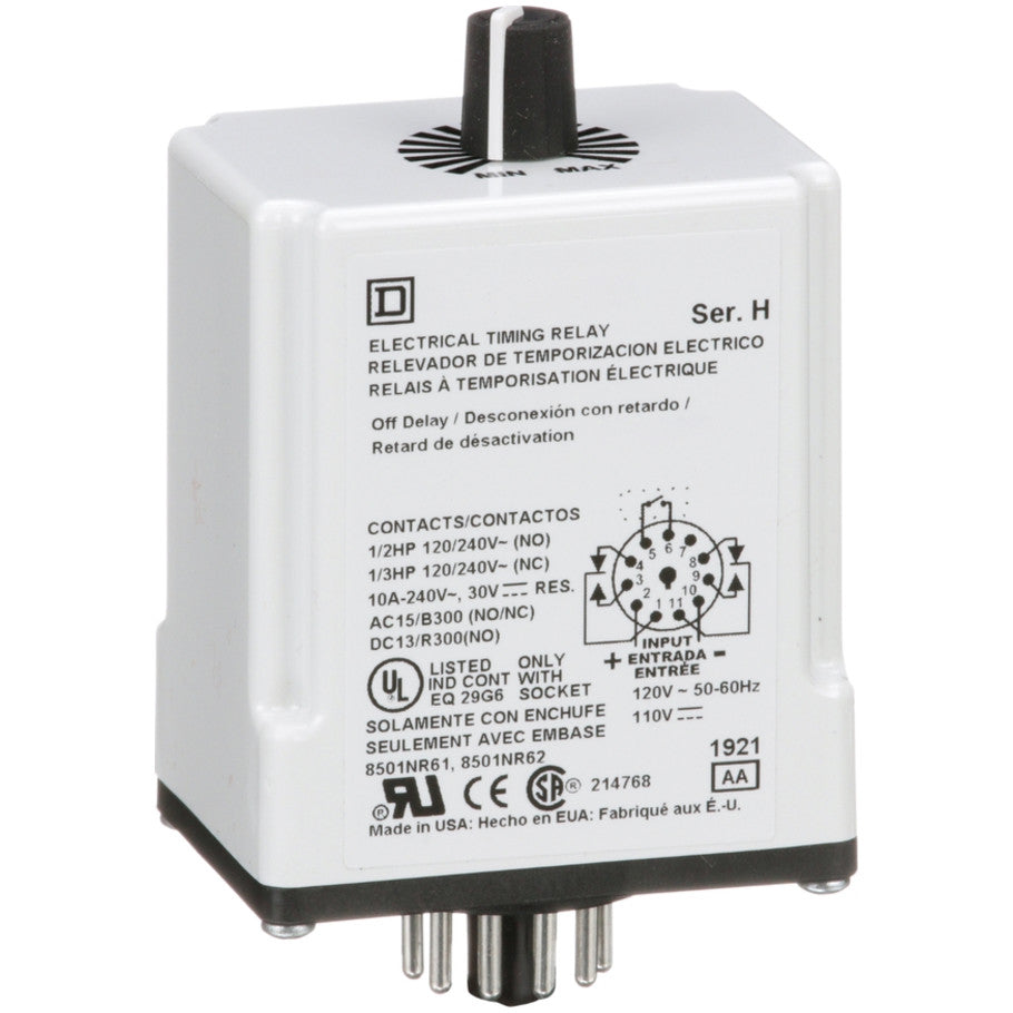 Plug-In 120V Variable Time Off-Delay Relay with 1.8-180 Second Timing Range