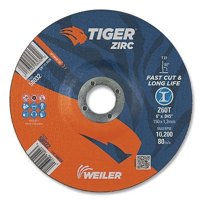 Tiger Zirc Cutting Wheel, 6 in dia, 0.045 in Thick, 7/8 in Arbor, Zirconia Alumina, Type 27, Z60T